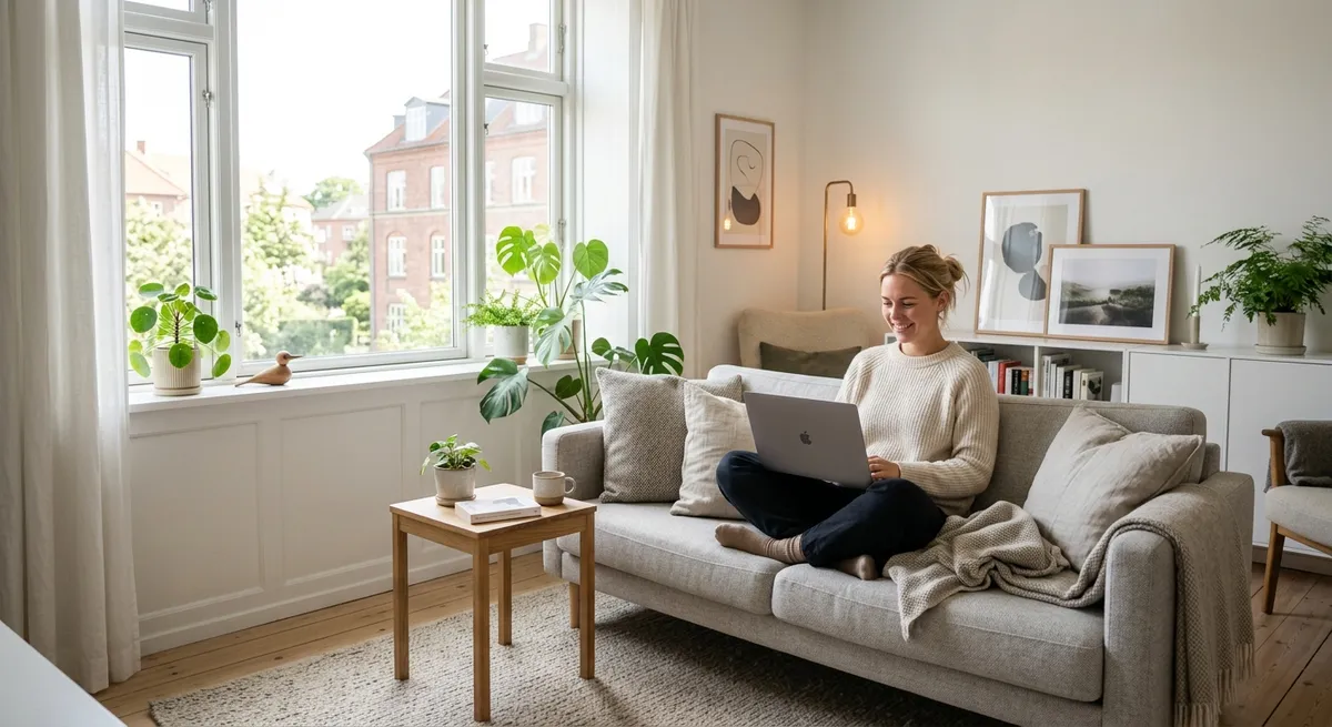En kvinde der bruger billigt internet på sin bærbare computer i en lys, dansk stue med skandinavisk design